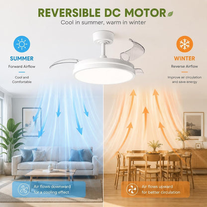 Ceiling Fan Light LED Remote Control 106cm Retractable Blades 6 Speed DC White