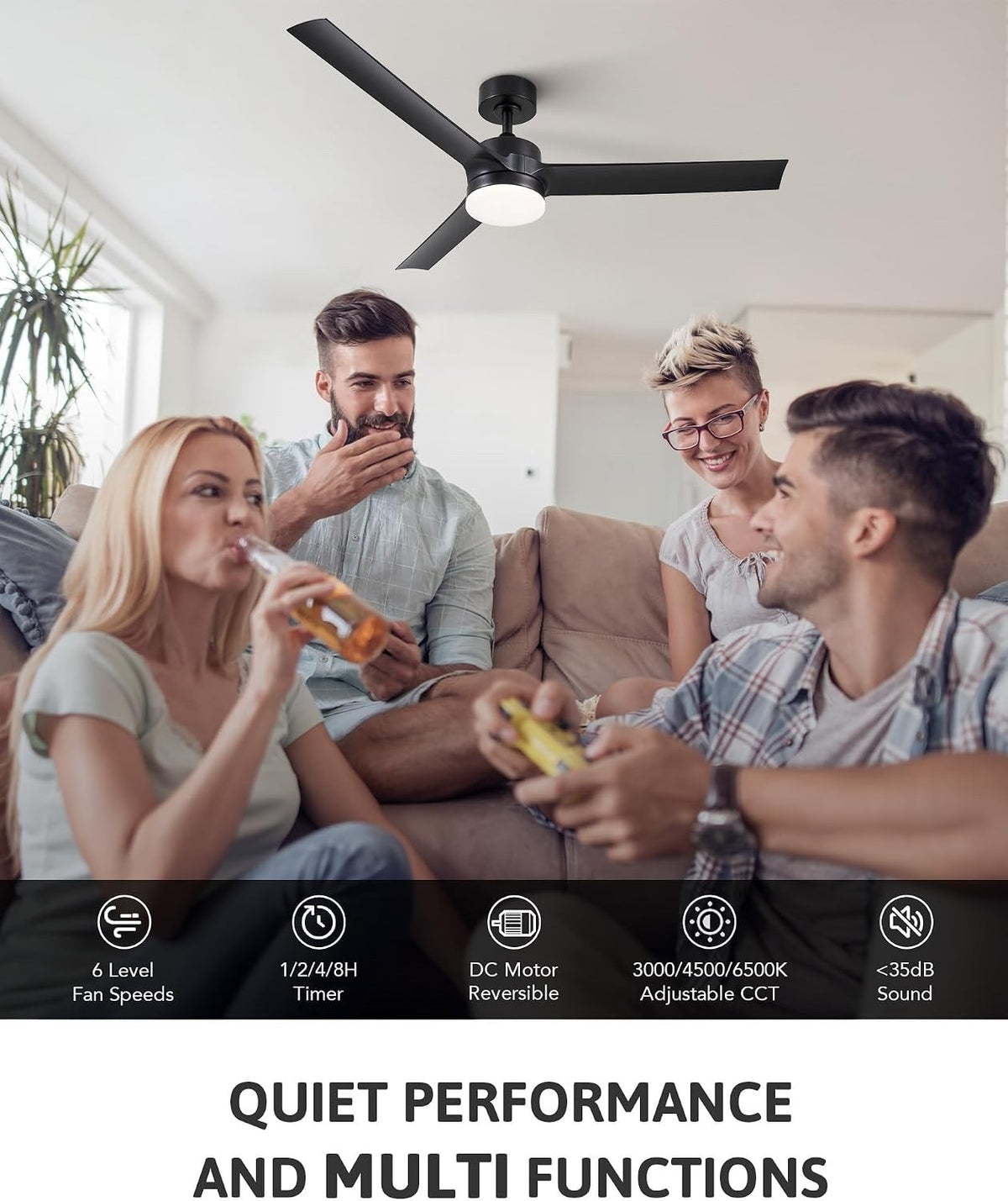 Ceiling Fan Light Remote Control 52 Inch Black 3 Blade 6 Speed Reversible DC Mot