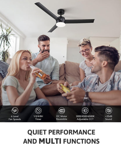 Ceiling Fan Light Remote Control 52 Inch Black 3 Blade 6 Speed Reversible DC Mot