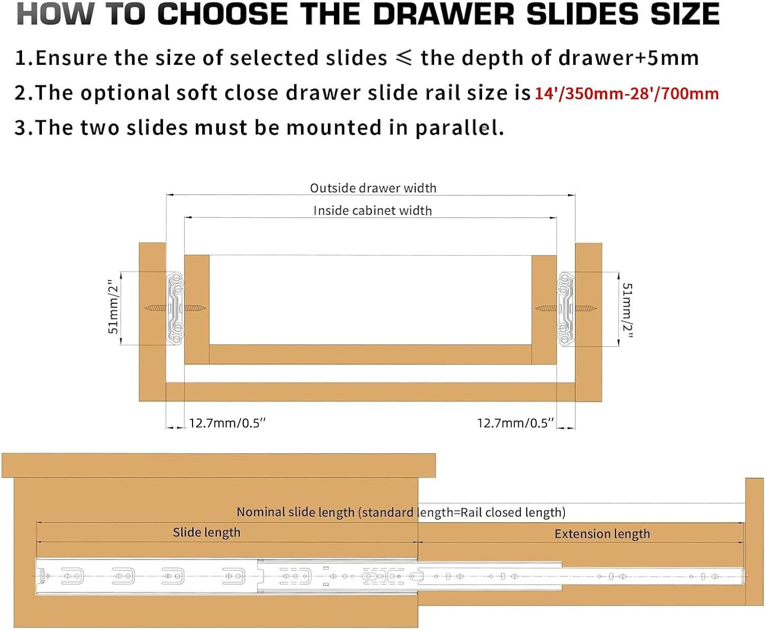 Drawer Runners 650mm Heavy Duty Soft Close Full Extension 90KG Slide Rails