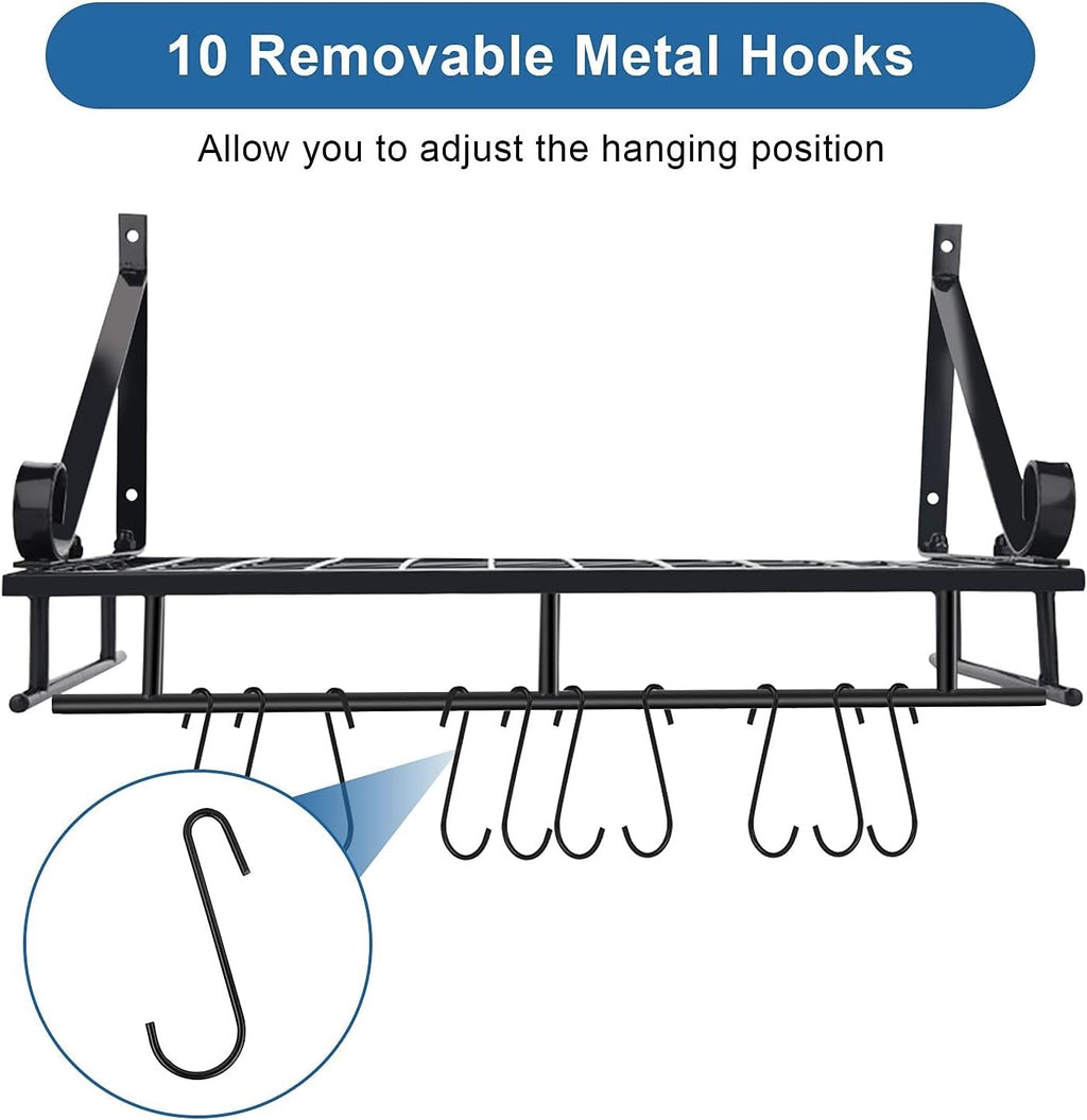 Wall Mounted Pot Pan Rack 45cm Kitchen Shelf Utensil Holder Black Steel