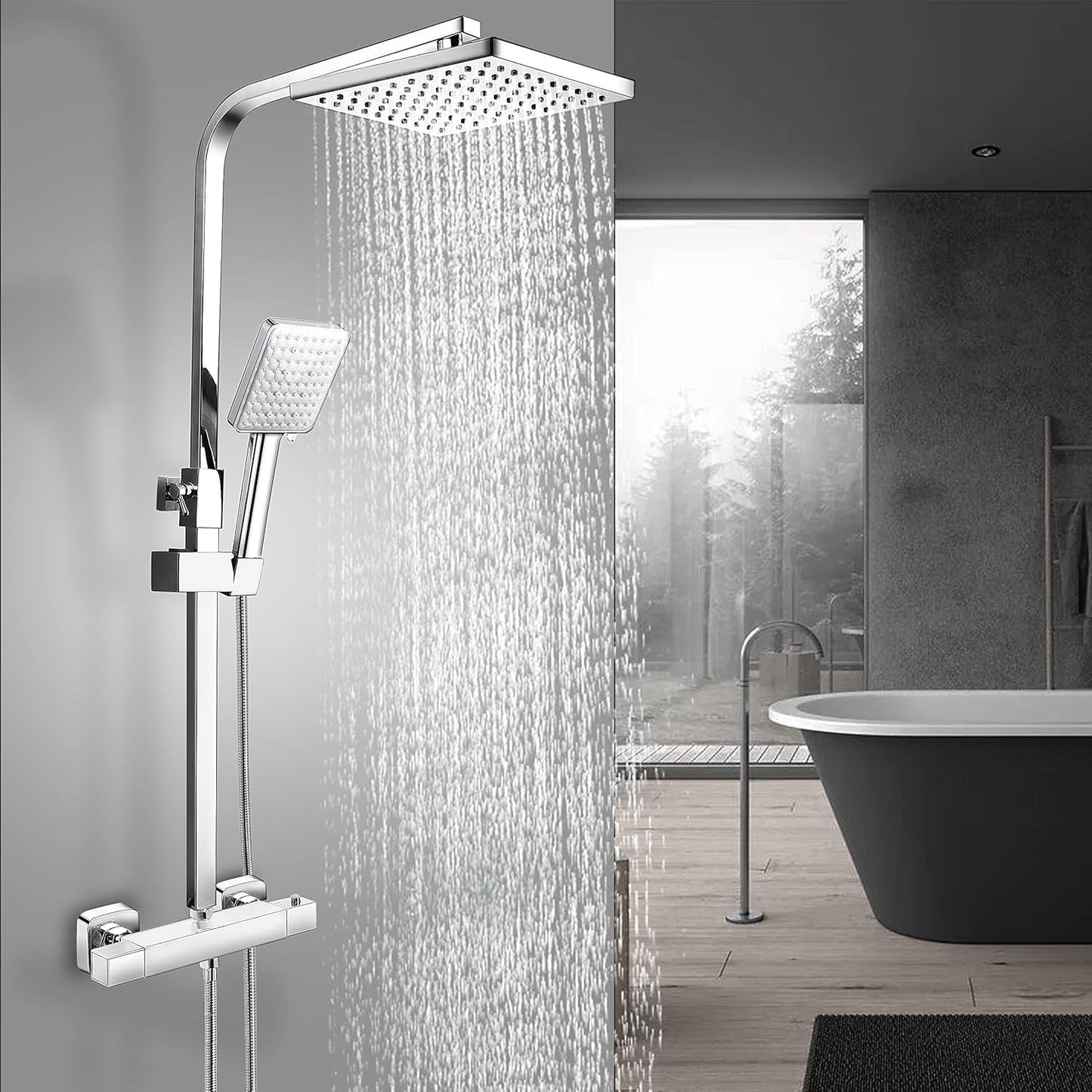 Thermostatic Shower Mixer Set Chrome Rainfall Riser Rail Anti Scald Bath Tap