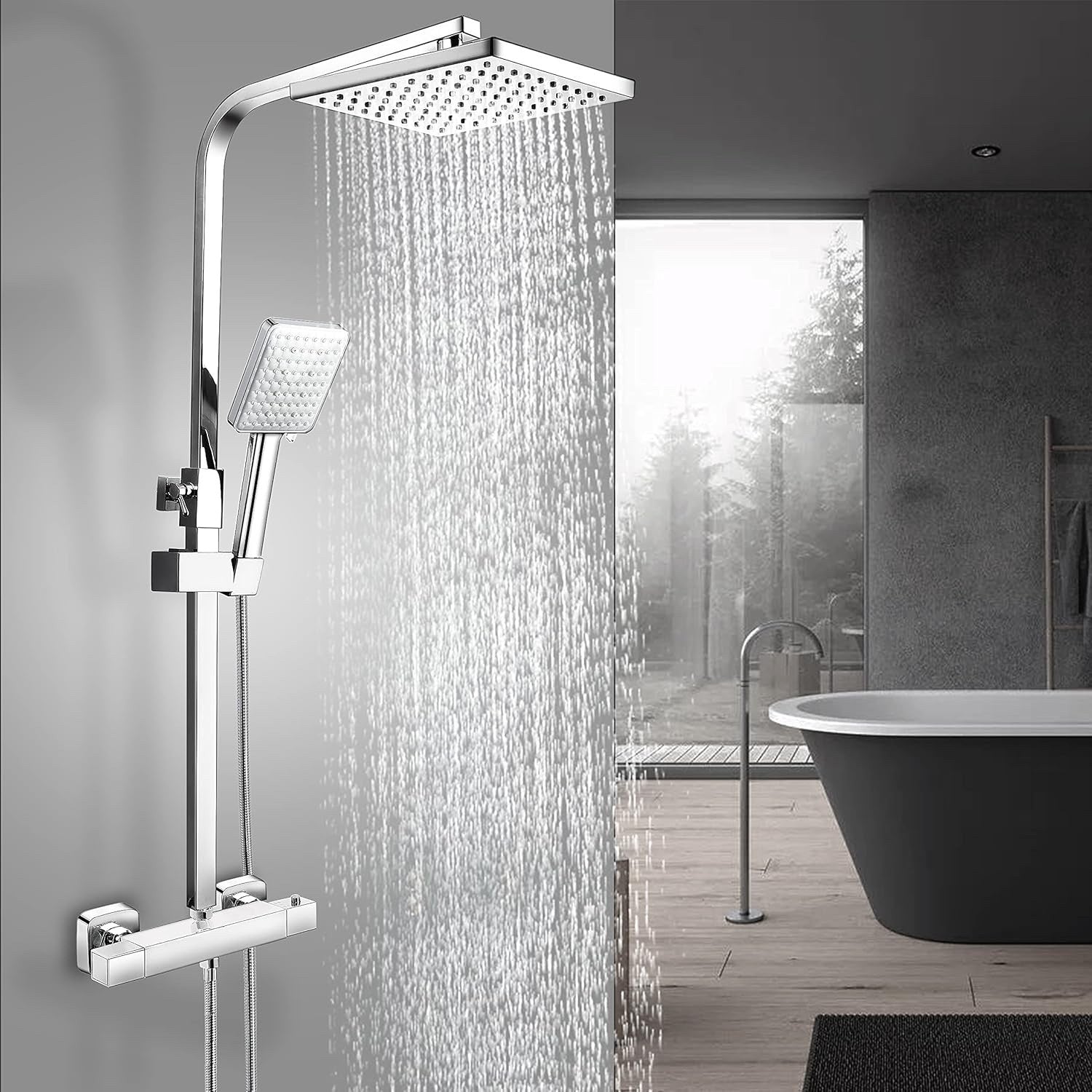 Thermostatic Shower Mixer Set Chrome Rainfall Riser Rail Anti Scald Bath Tap