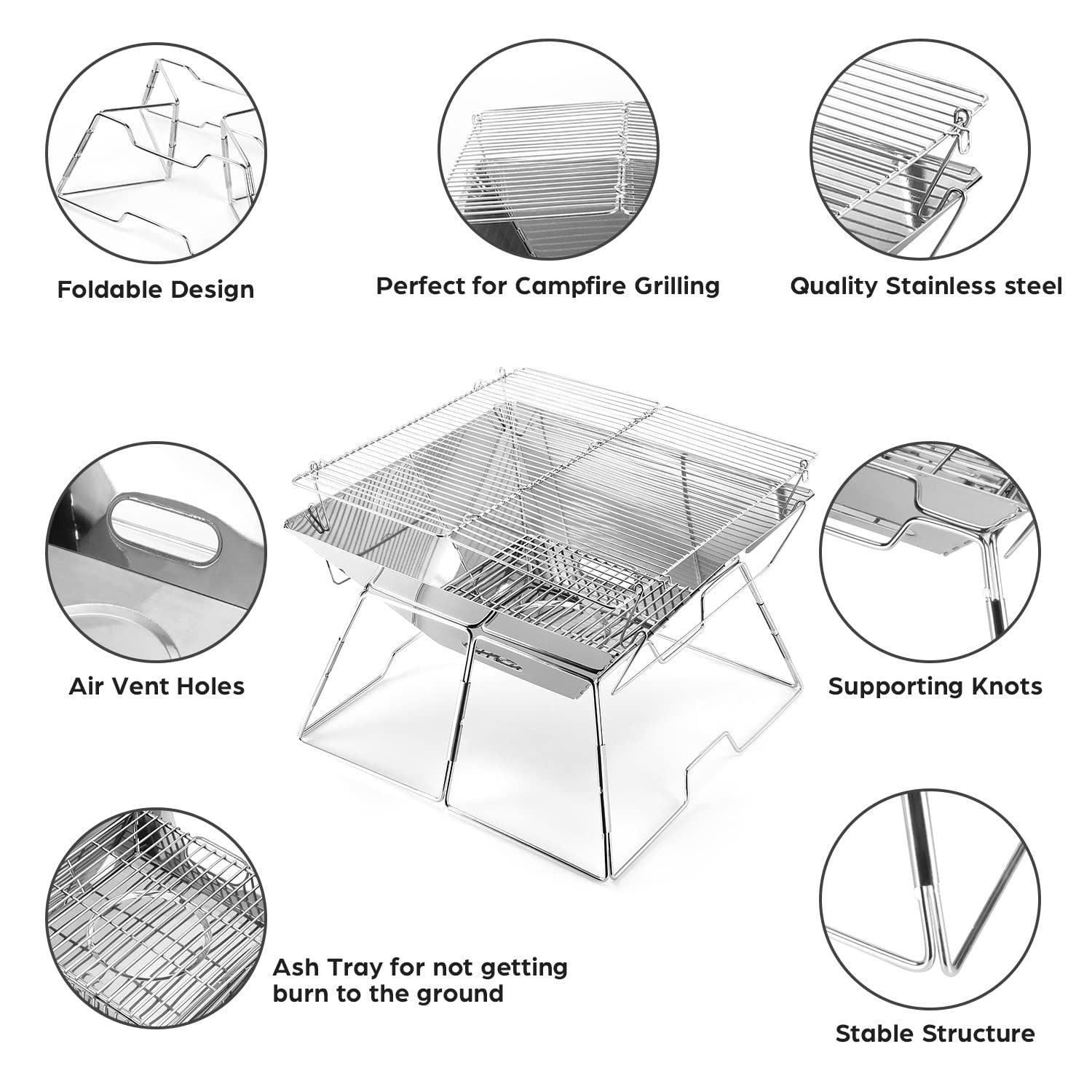 Odoland XL Portable Collapsible Campfire Grill Fire Pit Stainless Steel Outdoor