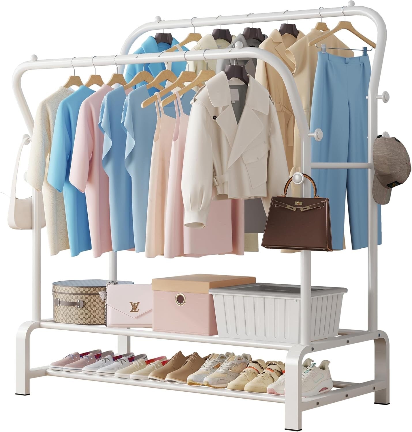 SMILOVII Heavy Duty Clothes Rail with Metal Double Coat Stand Rack White