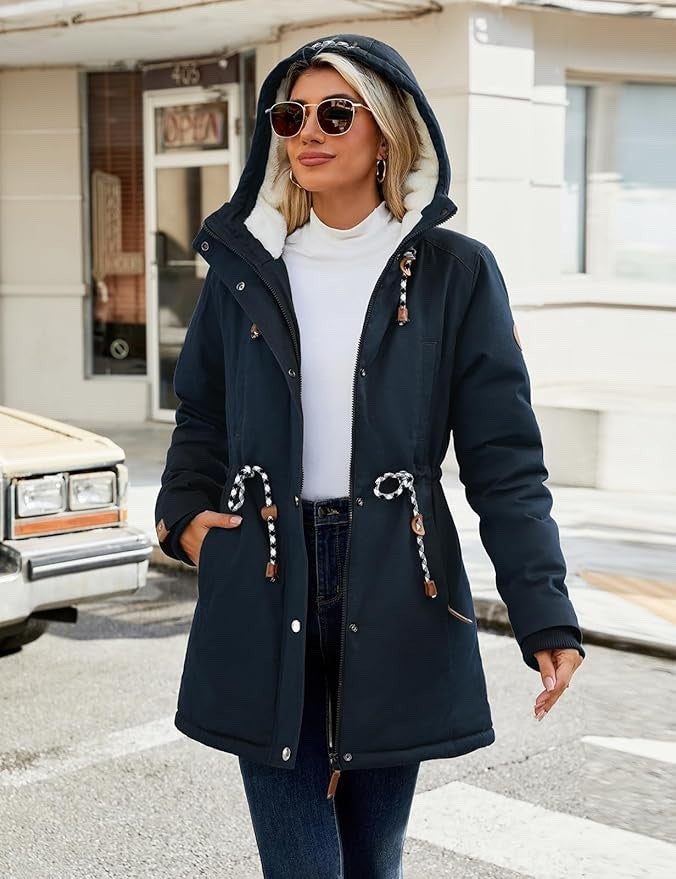 Womens Winter Parka Jacket Fleece Lined Hooded Thermal Coat Navy Blue L