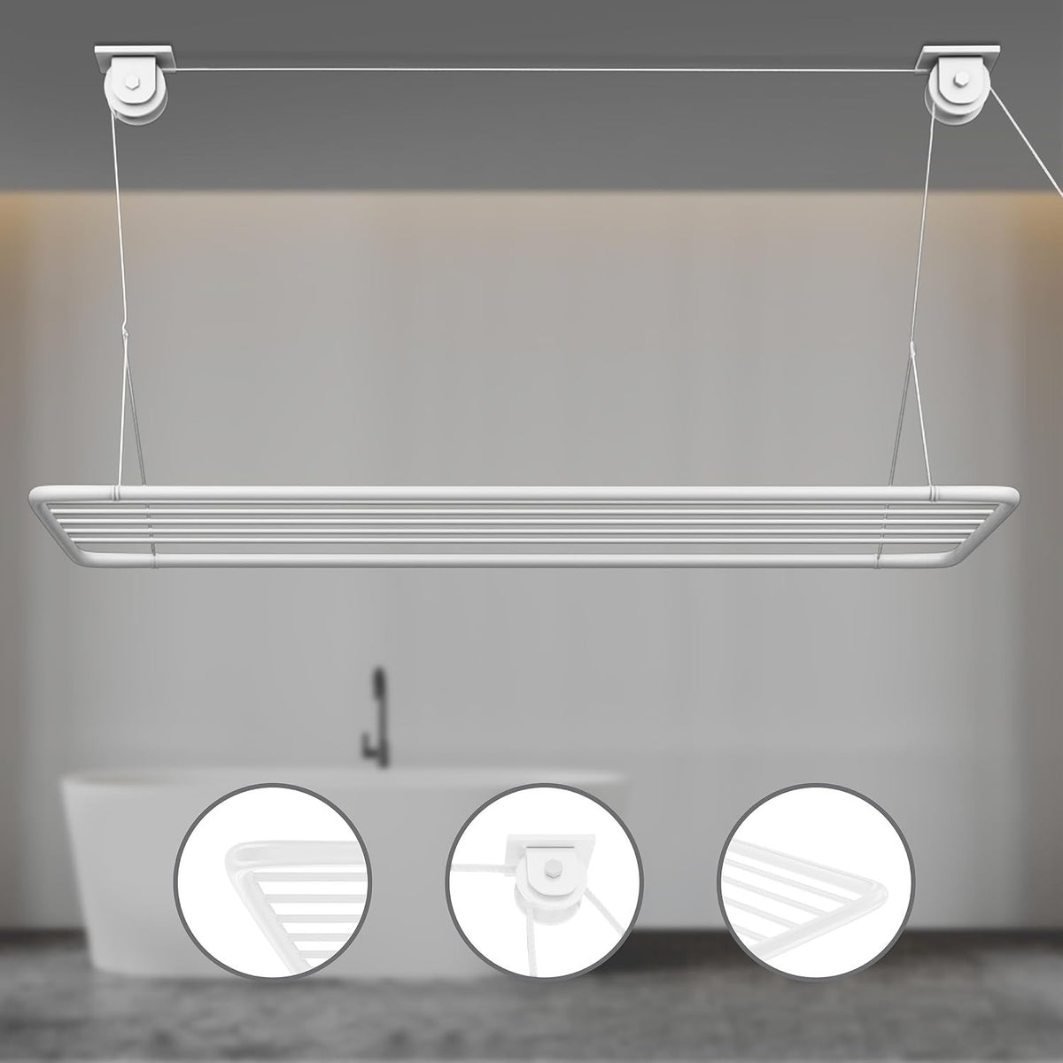 Ceiling Clothes Airer Dryer Rack Pulley Hanging 100x50cm 8m 20kg Foldable White