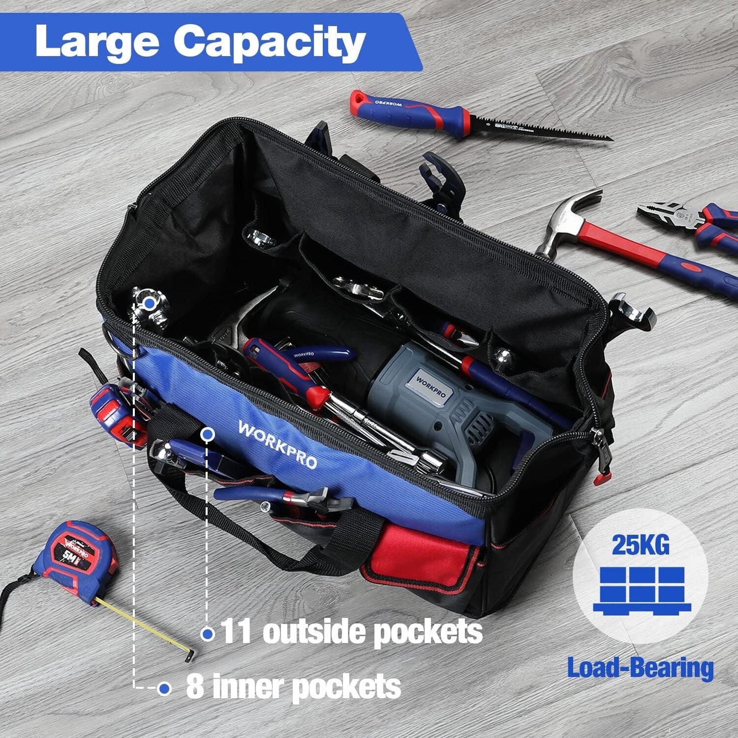 WORKPRO Tool Bag 18 Inch Tool Bag with Waterproof Molded Base Blue Black