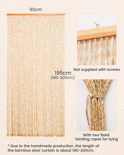 Bamboo Beaded Door Curtain 90x195cm 52 Strands Beige Wooden Fly Screen Doorway