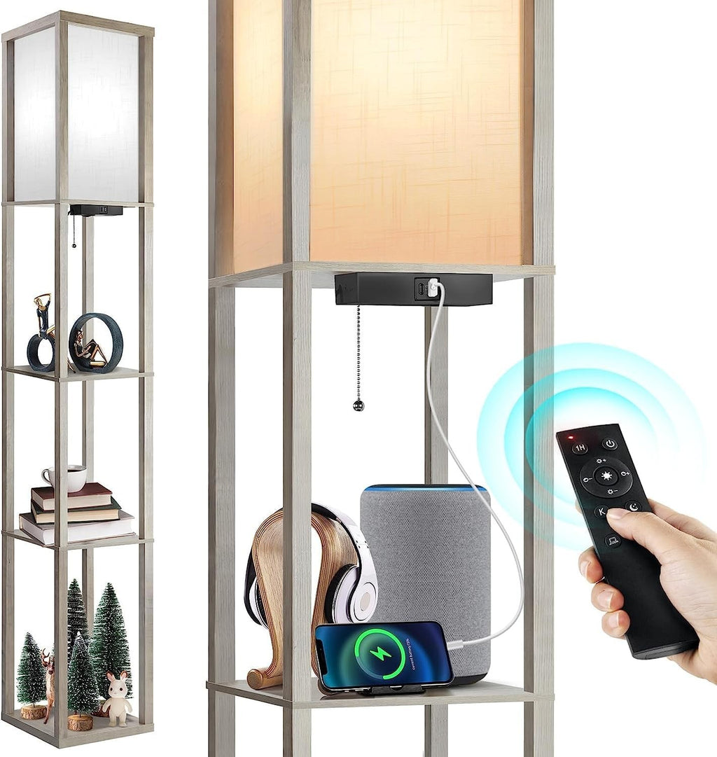 LED Floor Lamp Shelf Remote Dimmable USB Charging 3 Tier Grey Living Room
