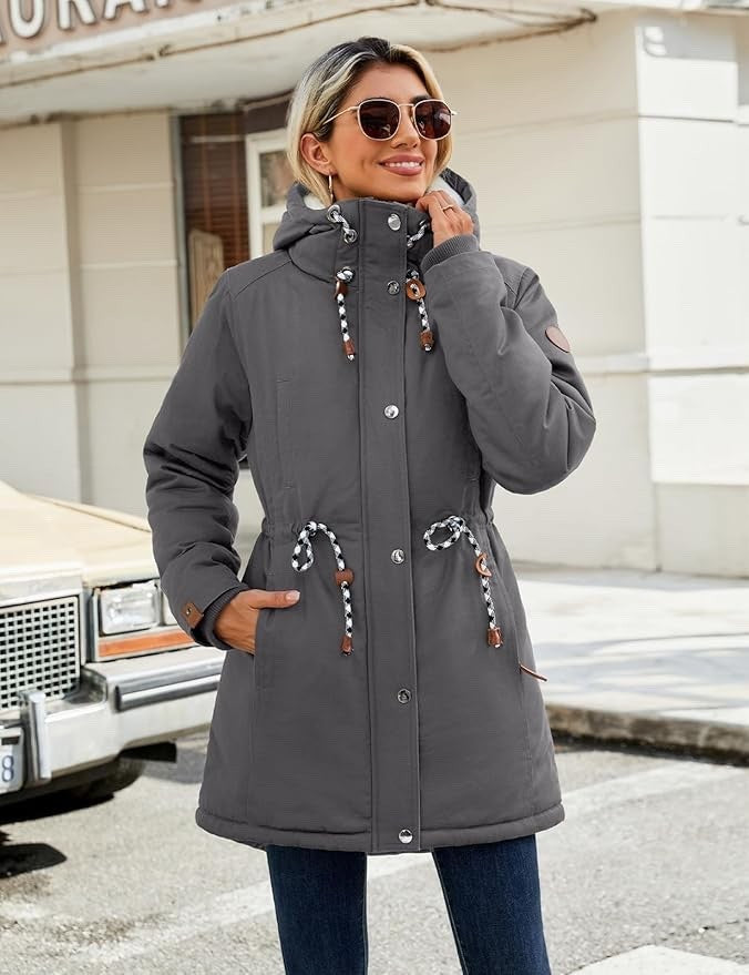 Womens Winter Parka Jacket Fleece Lined Hooded Thermal Coat Grey XXL