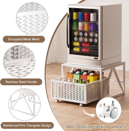 Mini Fridge Stand Storage Cart 220LB Mobile Wheels Drawer Basket White 53x53cm