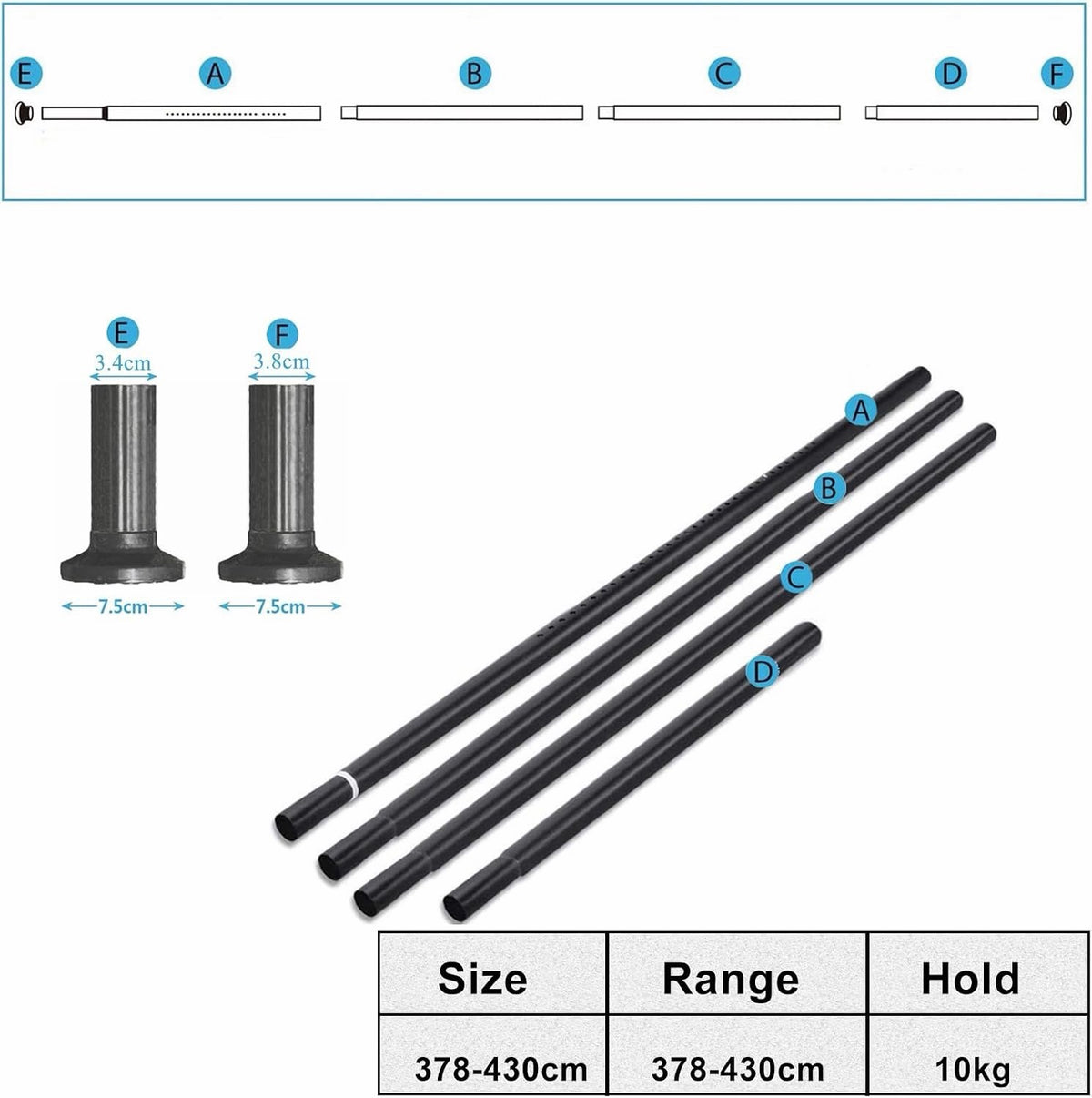 Curtain Pole Tension Rod 378-430cm Black 32mm No Drill Steel Extendable Long