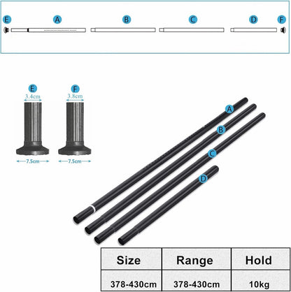 Curtain Pole Tension Rod 378-430cm Black 32mm No Drill Steel Extendable Long