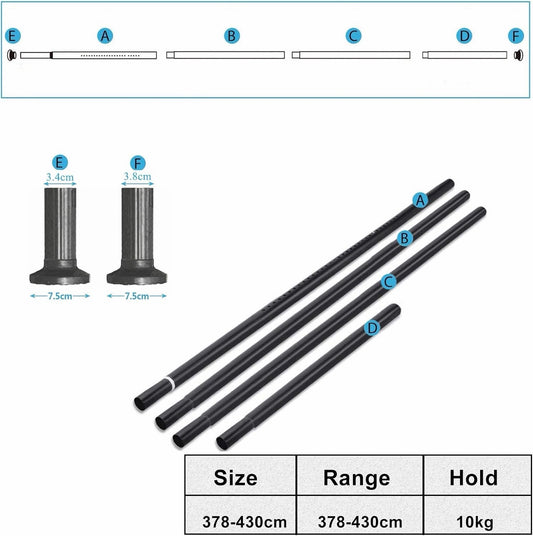 Curtain Pole Tension Rod 378-430cm Black 32mm No Drill Steel Extendable Long
