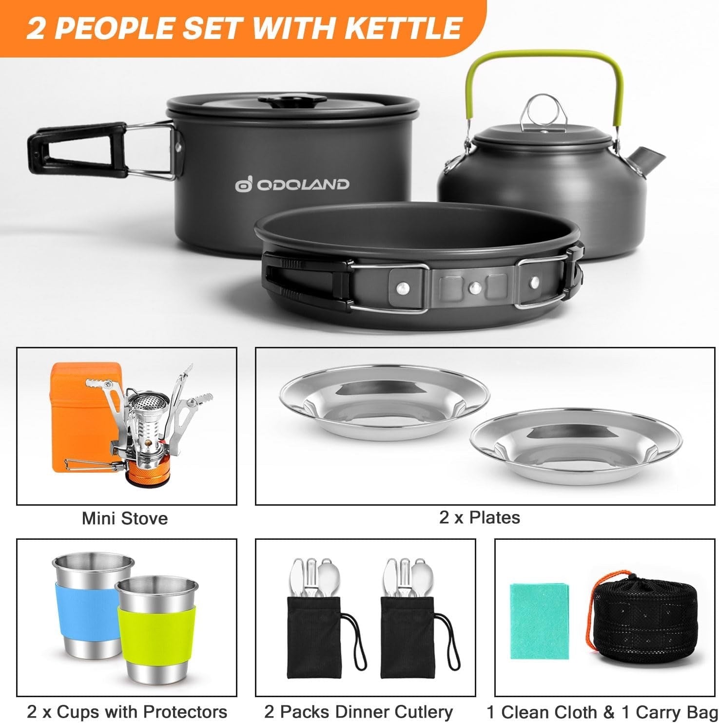 Odoland 16pcs Camping Cookware Set Portable Non Stick Pot Pan Kettle Stove