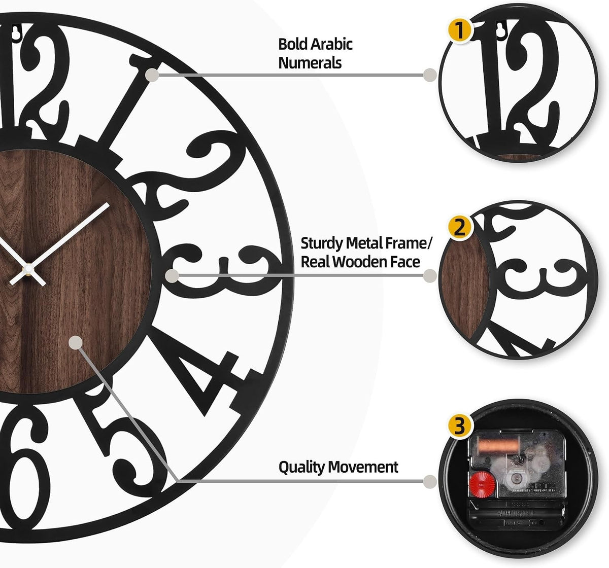 Wall Clock Oversized 40 Inch Metal Wood Arabic Numbers Silent Farmhouse Decor