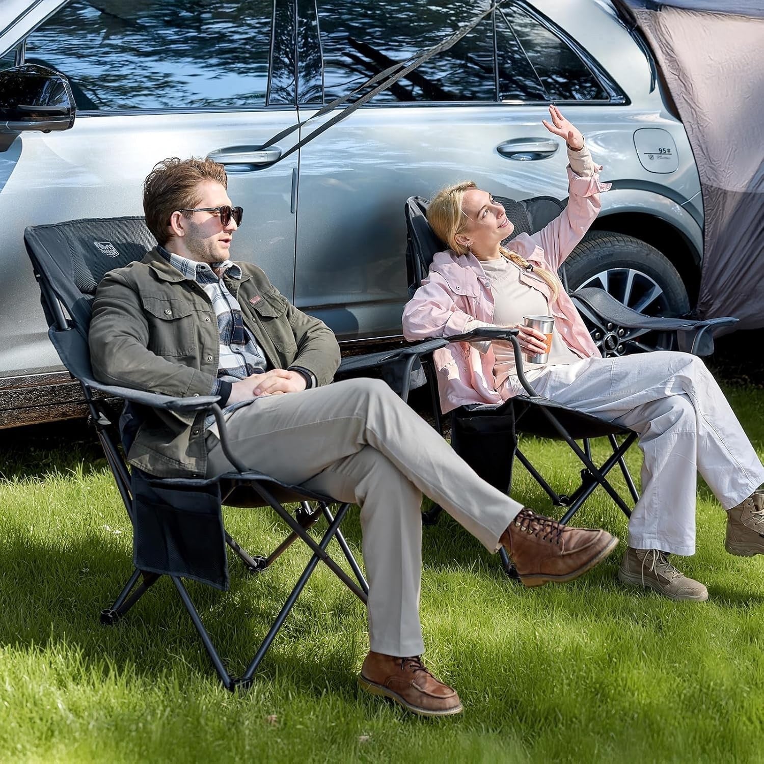 Folding Camping Chair Recliner 150kg Extra Wide 3 Position Cup Holder Black
