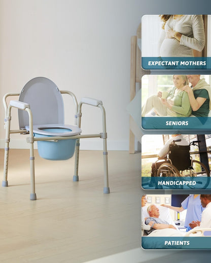 Foldable Bedside Commode Chair Portable Toilet with Pan 136kg Support