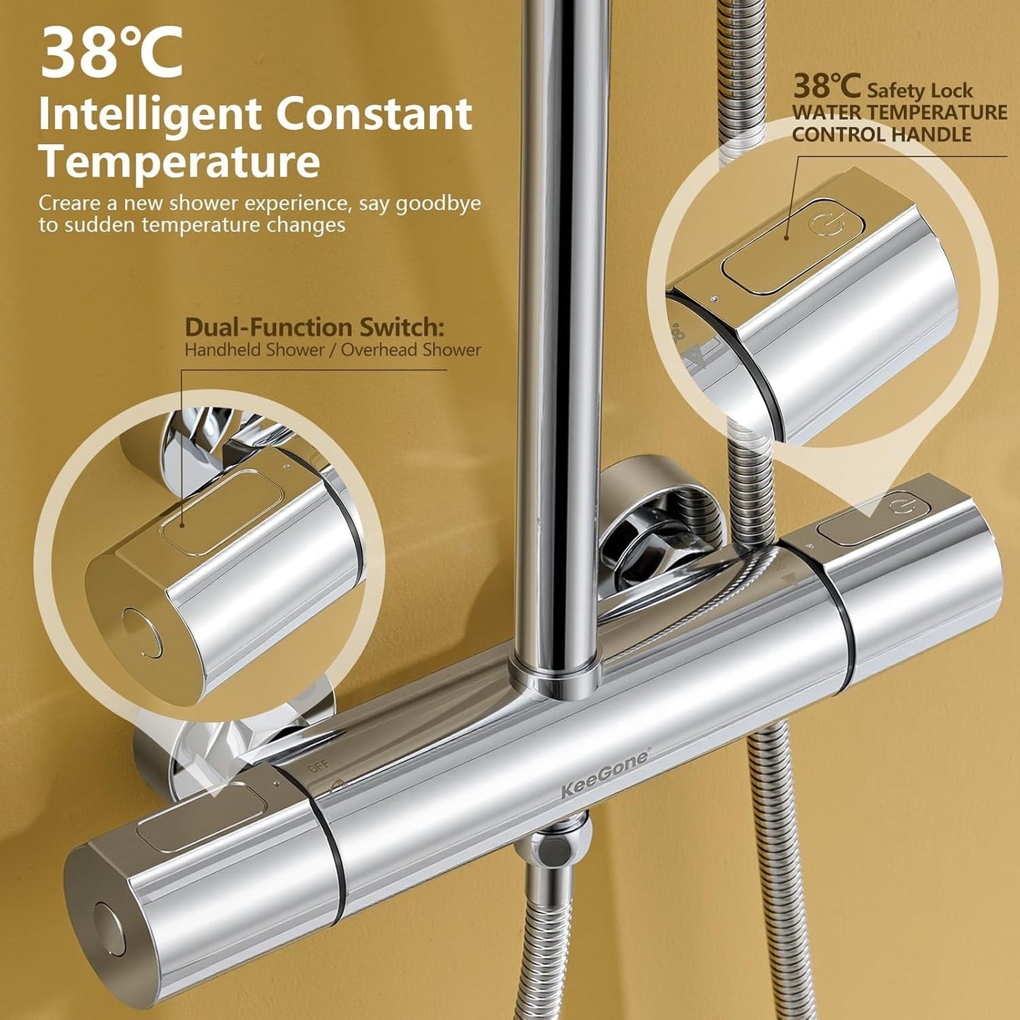 Thermostatic Shower System Chrome 25cm Rainfall Handheld 3 Spray Modes Rail