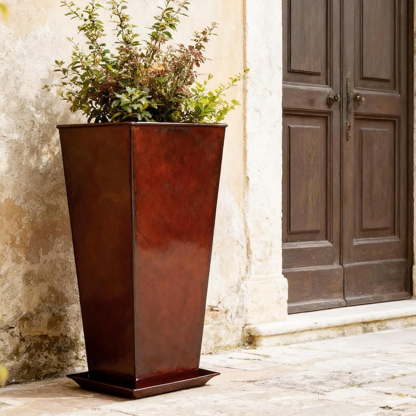 Large Planter Pots Set 2 71cm Tapered Green Glossy Indoor Outdoor 40L Metal