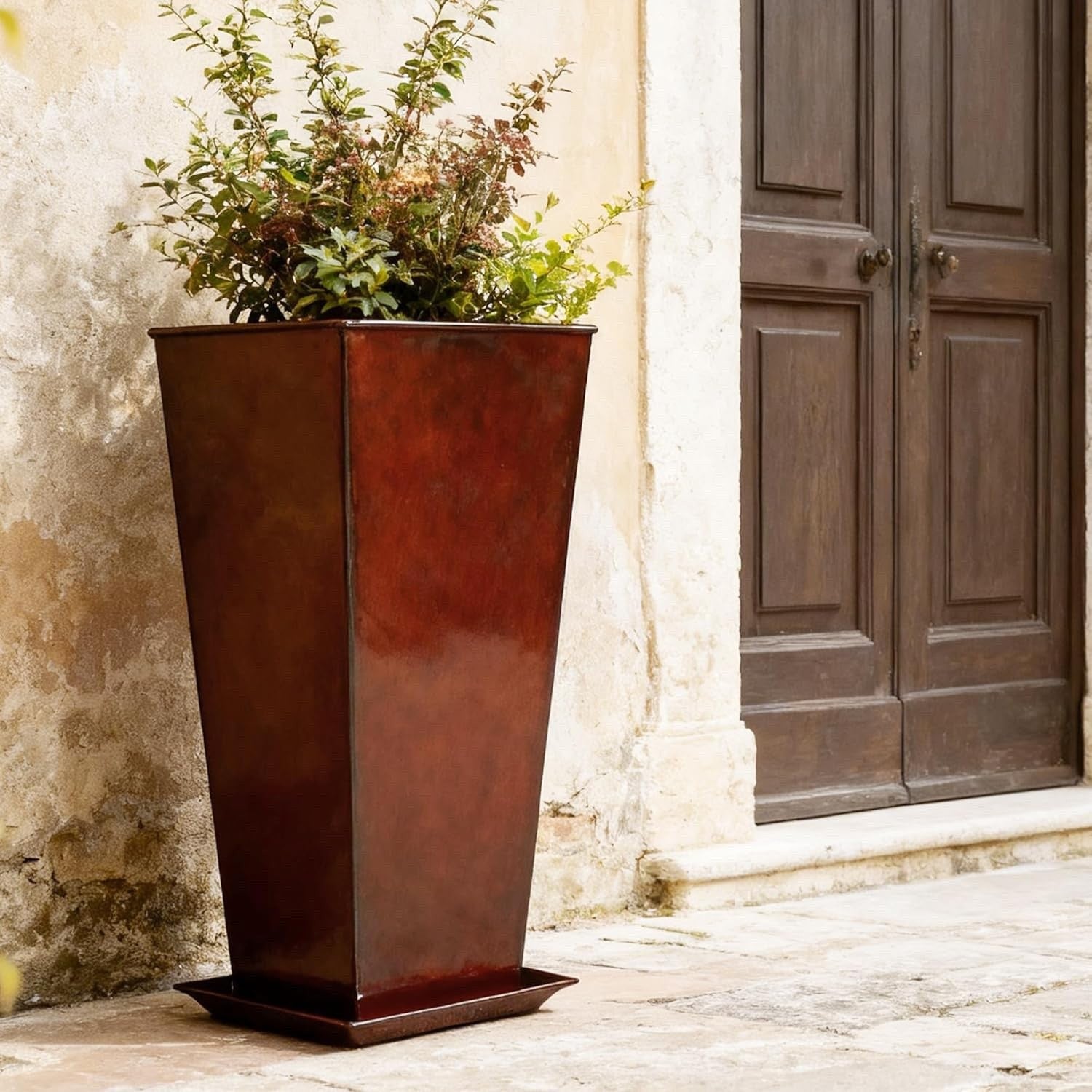 Large Planter Pots Set 2 71cm Tapered Green Glossy Indoor Outdoor 40L Metal