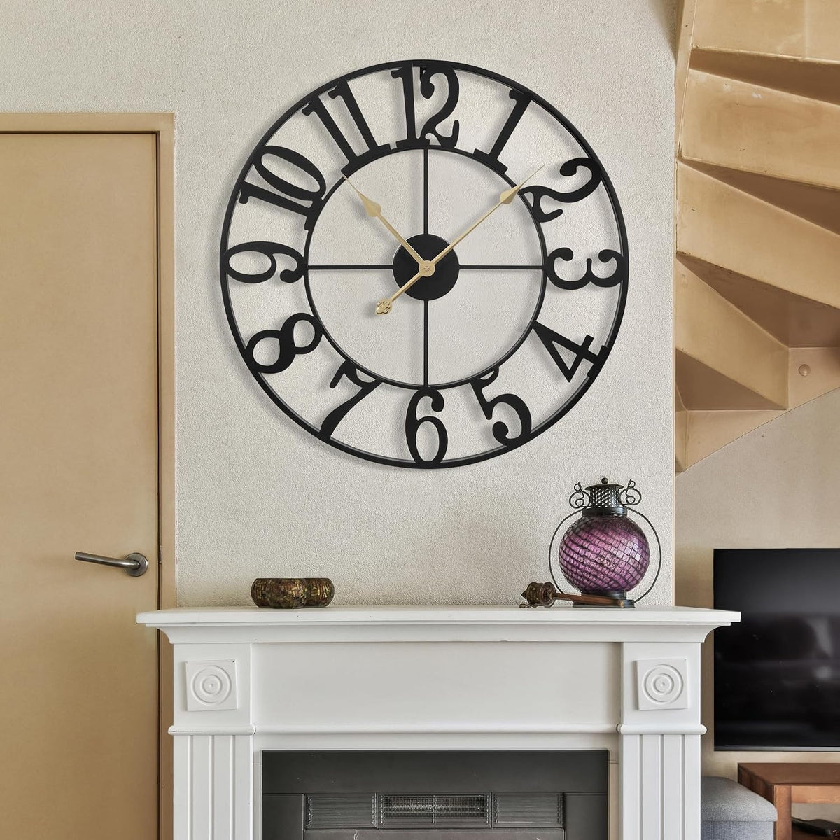 Large Wall Clock Metal Round 47cm Black Silent Non Ticking Battery Vintage Style