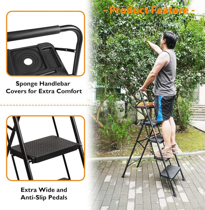 4 Step Ladder Folding Non Slip 150kg Capacity Steel Home Kitchen Indoor