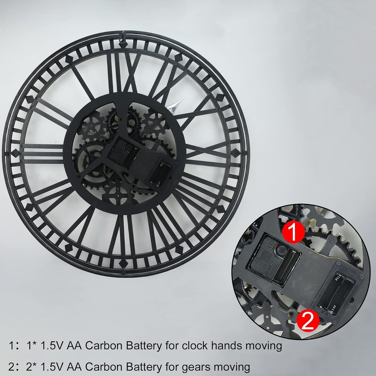 Large Wall Clock Moving Gears 60cm Black Metal Industrial Steampunk Vintage Deco