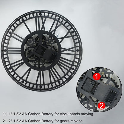 Large Wall Clock Moving Gears 60cm Black Metal Industrial Steampunk Vintage Deco