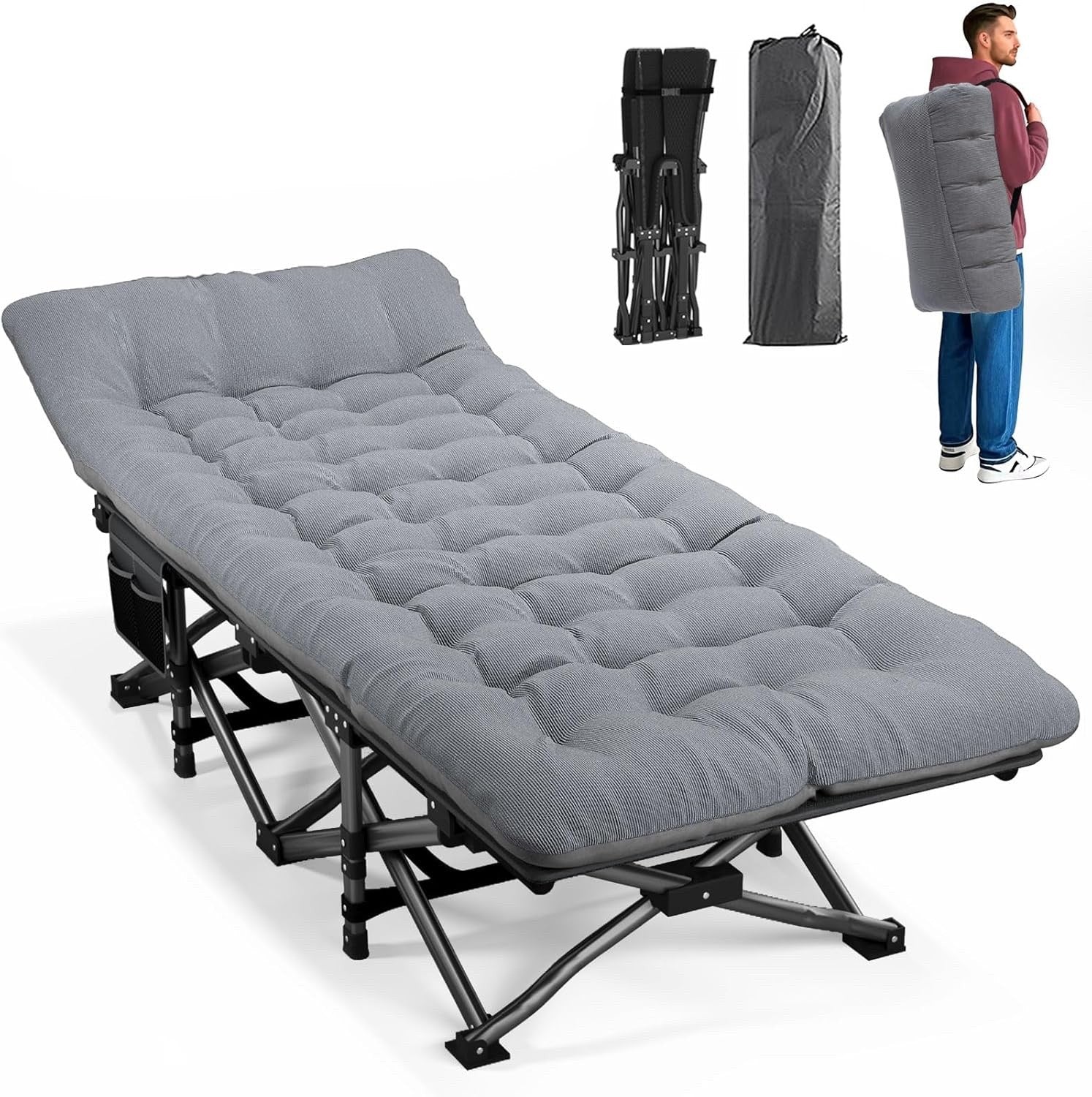 Camping Bed Folding Cot Adult Grey Cushion Portable Carry Bag 450lbs Travel