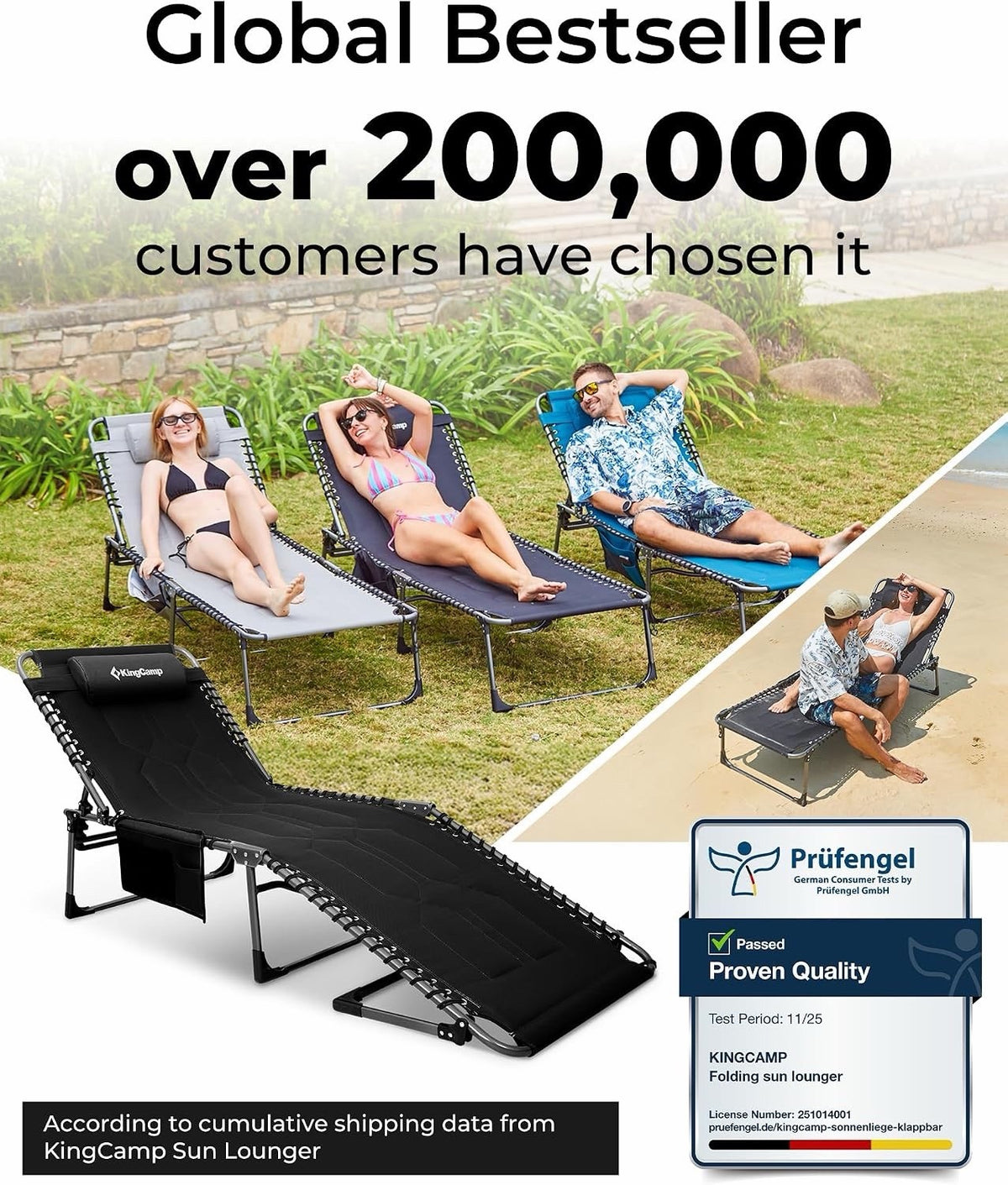 Sun Lounger Garden Recliner Folding Padded Black 200x68cm KingCamp XL 1 Pack