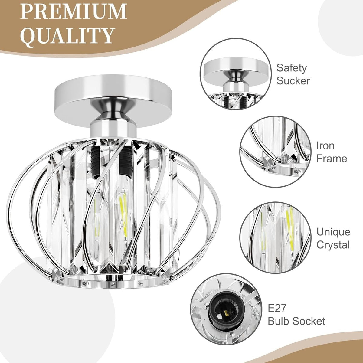 Ceiling Lights 2 Pack LED Crystal Chrome Flush Mount E27 19cm Bathroom Kitchen