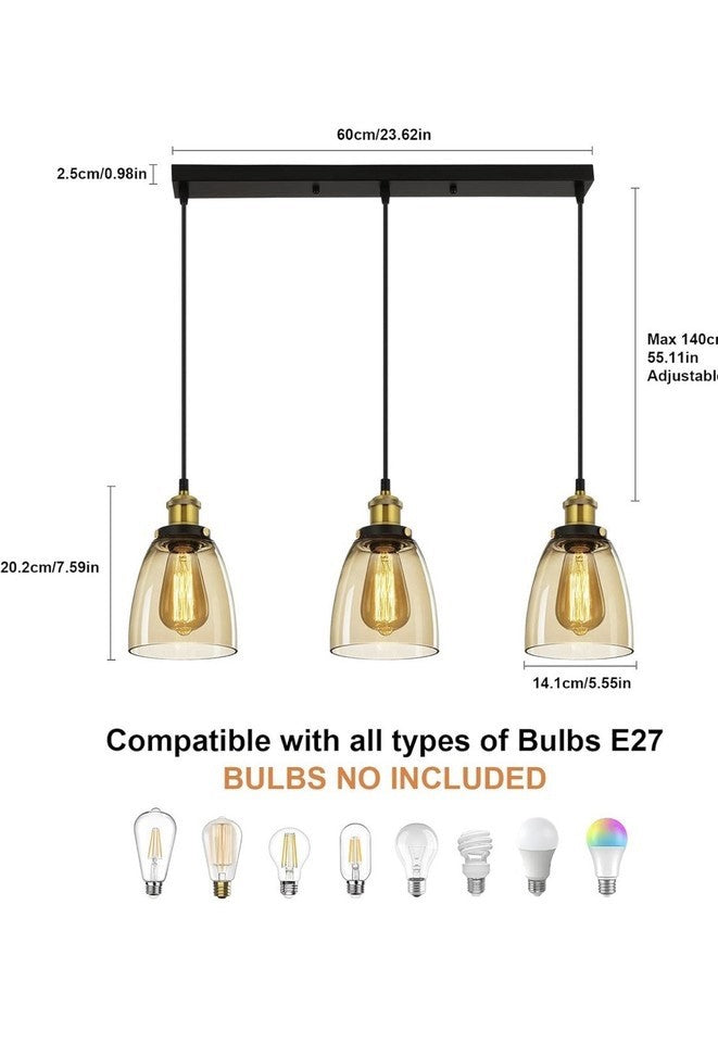 3 Light Cognac Glass Pendant Ceiling Light Vintage Adjustable Fixture