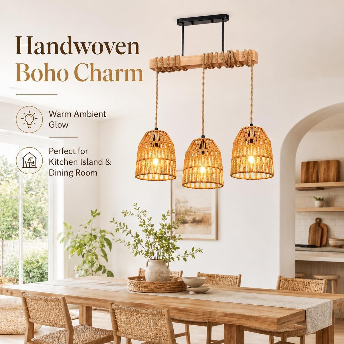 Rattan Pendant Light Chandelier Boho Brown E27 Adjustable 140cm Kitchen Lamp
