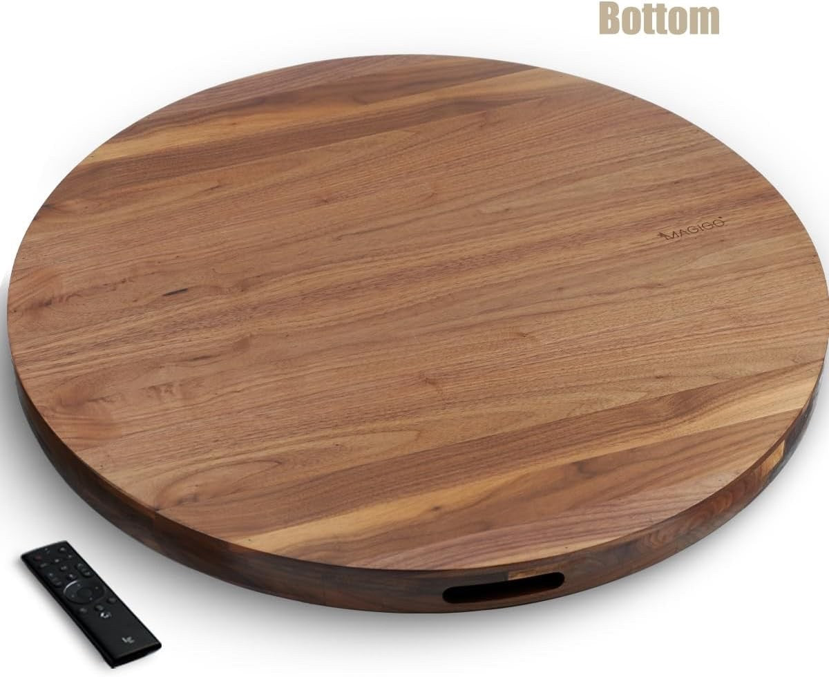 30in Extra Large Round Walnut Wood Ottoman Tray w Handles Serving Tea Coffee