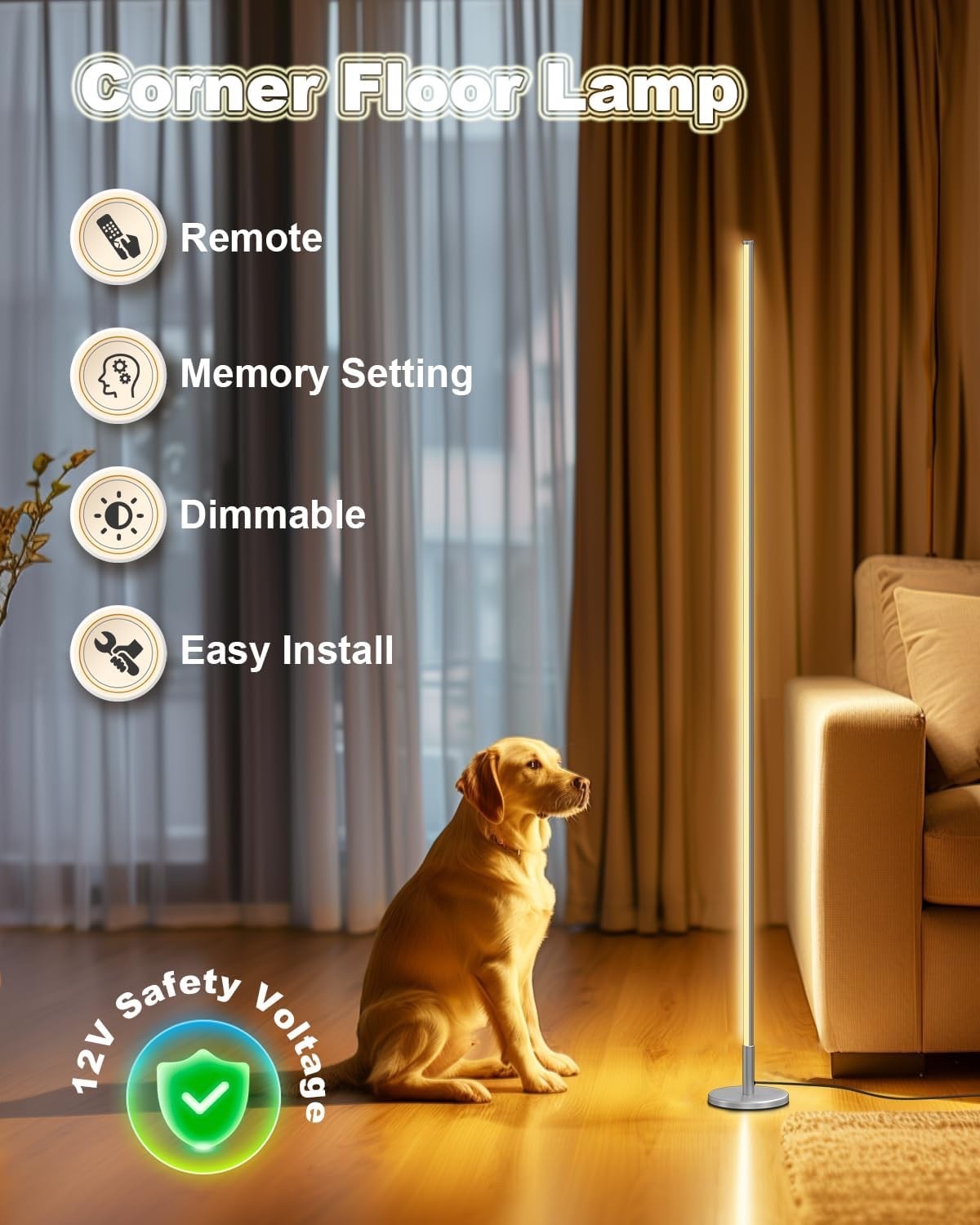 LED Floor Lamp Corner Dimmable 2700K-6500K Remote Standing Light Silver