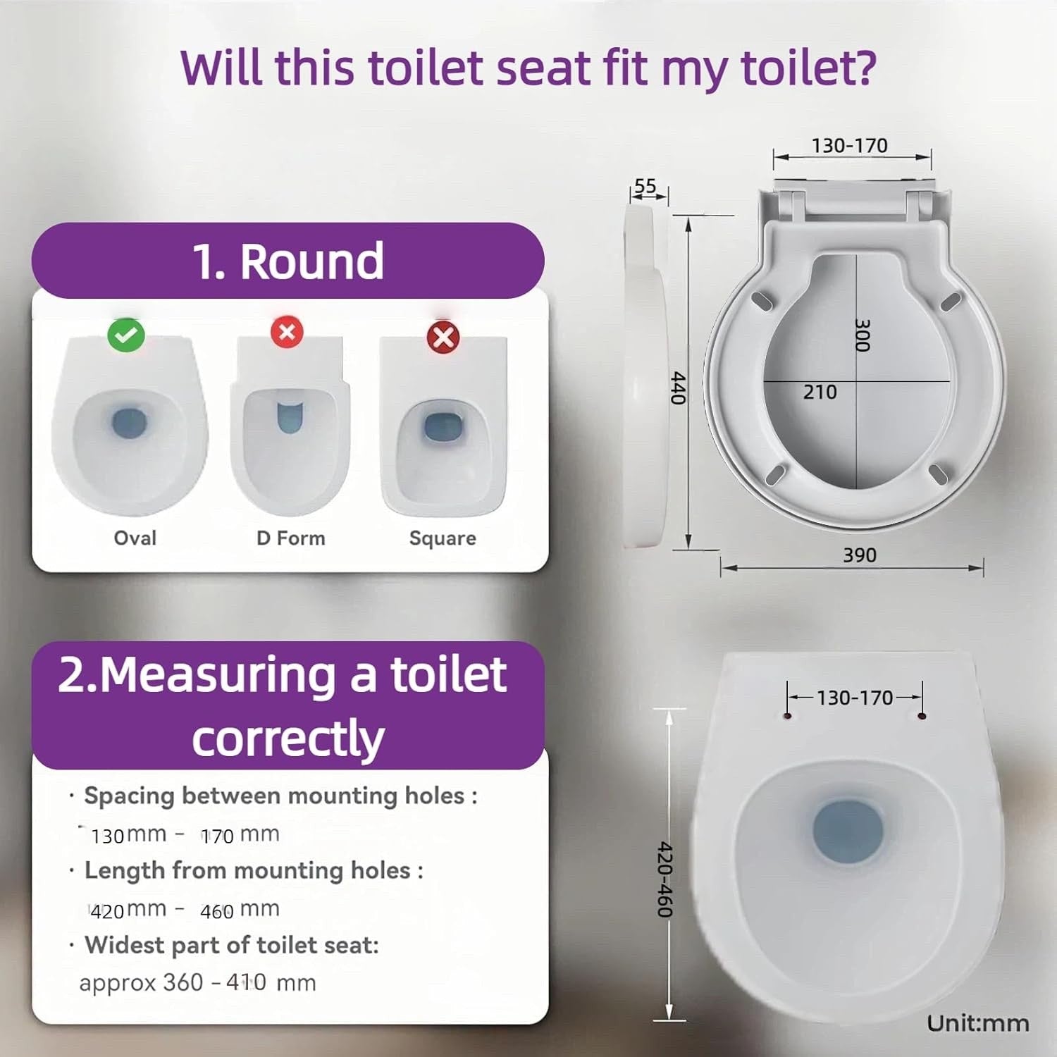Round Toilet Seat Replacement Soft Close White Top Fix Quick Release 44x39cm WC
