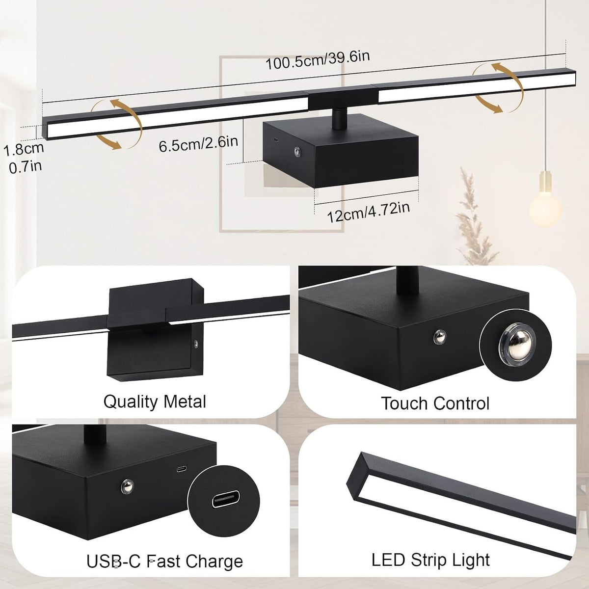 Rechargeable Wall Light Sconce Wireless 60cm Black 10000mAh Remote 360° Dimmable