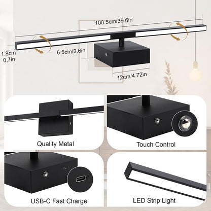 Rechargeable Wall Light Sconce Wireless 60cm Black 10000mAh Remote 360° Dimmable