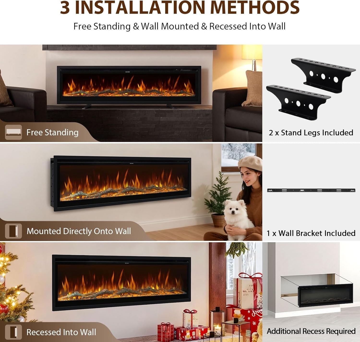 127cm Electric Fireplace Wall Mounted Recessed Freestanding LED Flame Heater