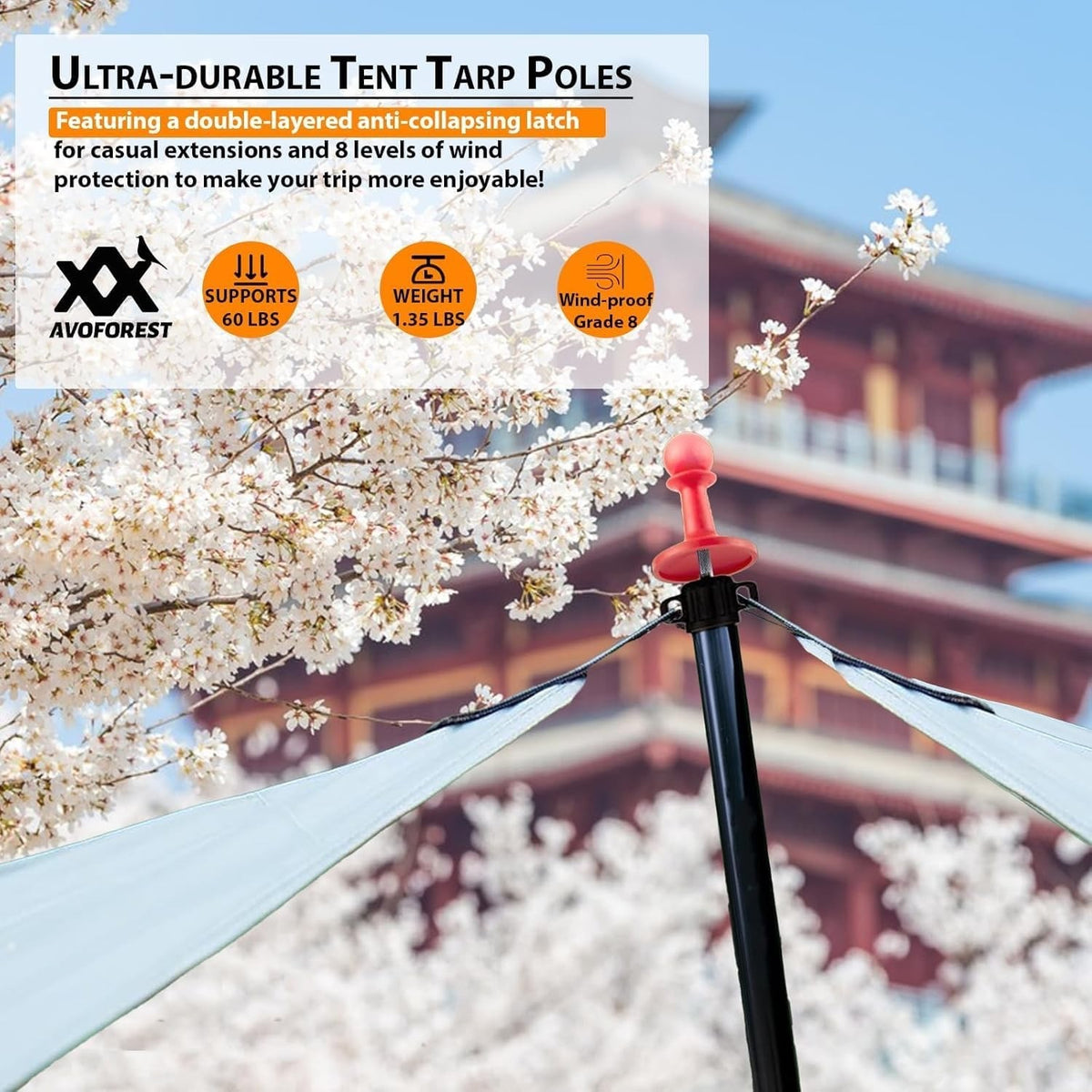 Tent Poles Telescoping Tarp Aluminum 8.7FT Adjustable Set 2 Camping Hiking Black