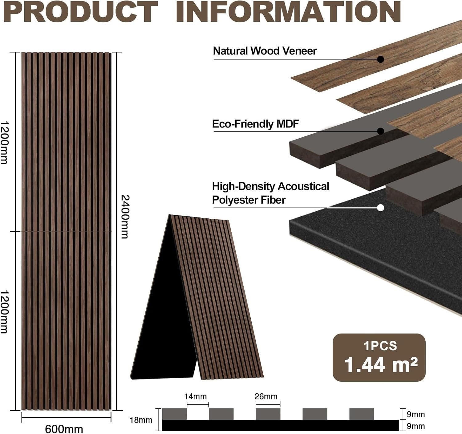 Wood Slat Wall Panels Acoustic 2400x600mm Sound Absorbing Black Walnut Foldable