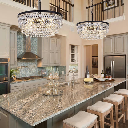 Crystal Chandelier Ceiling Light 6 Bulb Black 51cm Round Dining Room Pendant