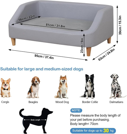Large Dog Sofa Bed PU Leather Couch Wooden Frame Raised Pet Bed Grey Durable Leg