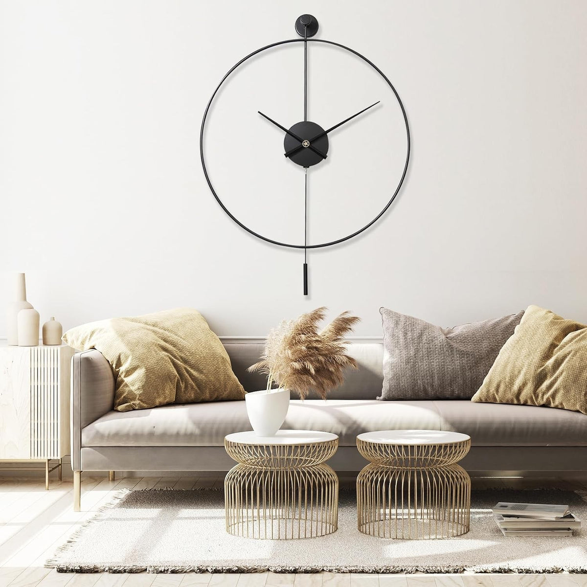 Large Wall Clock Pendulum Silent 60cm Black Modern Metal Analogue Home Decor