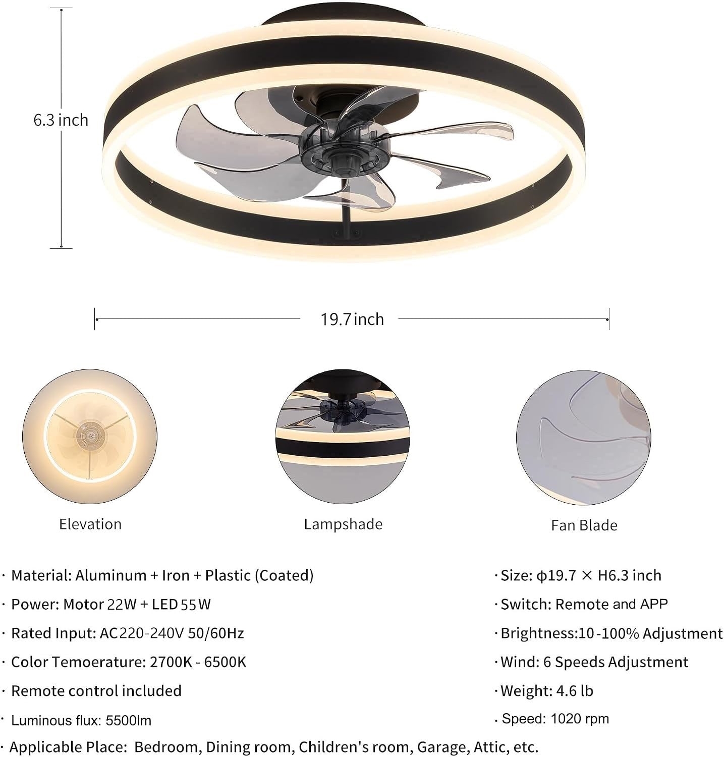 Ceiling Fan Light 50cm Remote 6 Speed Reversible Dimmable LED 5500lm Black Quiet