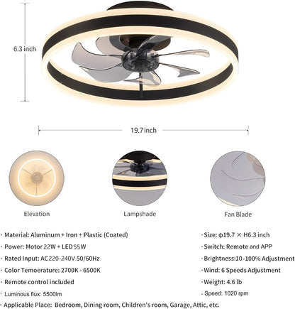 Ceiling Fan Light 50cm Remote 6 Speed Reversible Dimmable LED 5500lm Black Quiet