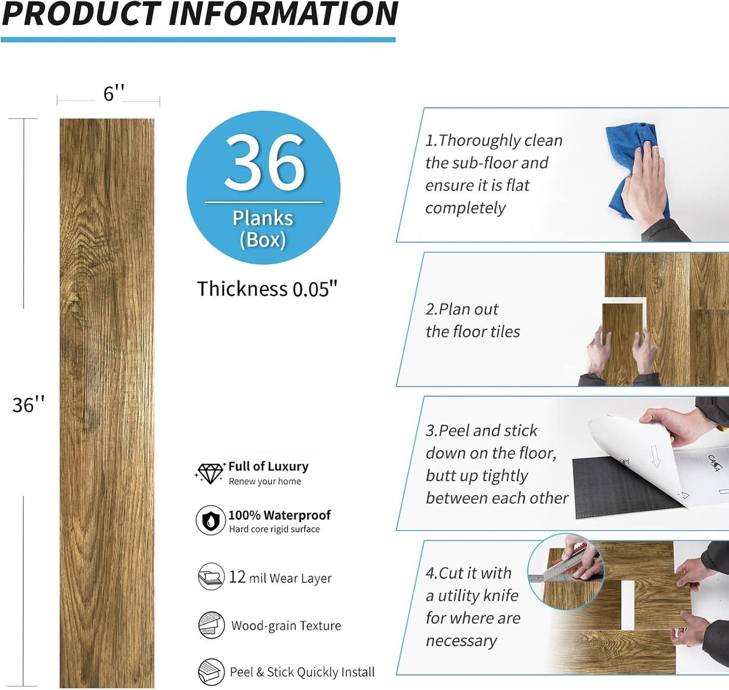 Floor Tiles Vinyl Peel Stick 36 Pack Wood Effect Waterproof Self Adhesive Planks