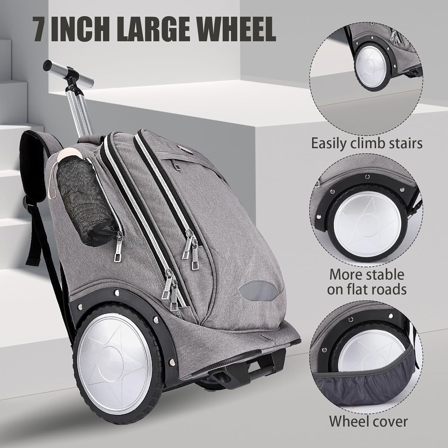 Rolling Backpack Trolley Bag 7in Wheels Laptop Travel Business Carry On Grey